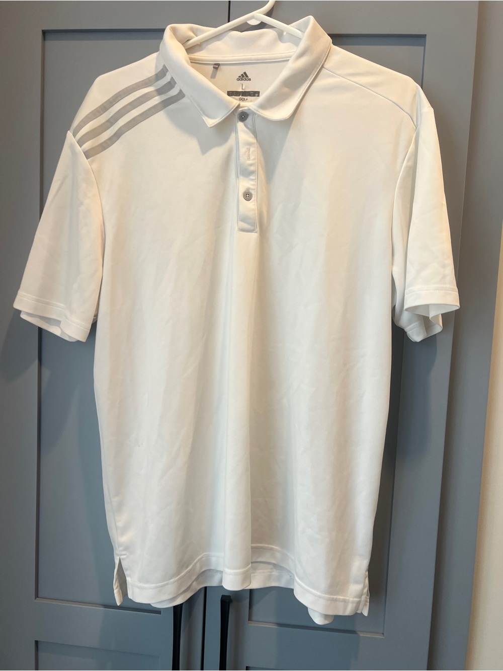 Adidas White Golf Shirt with Light Gray Shoulder Stripes